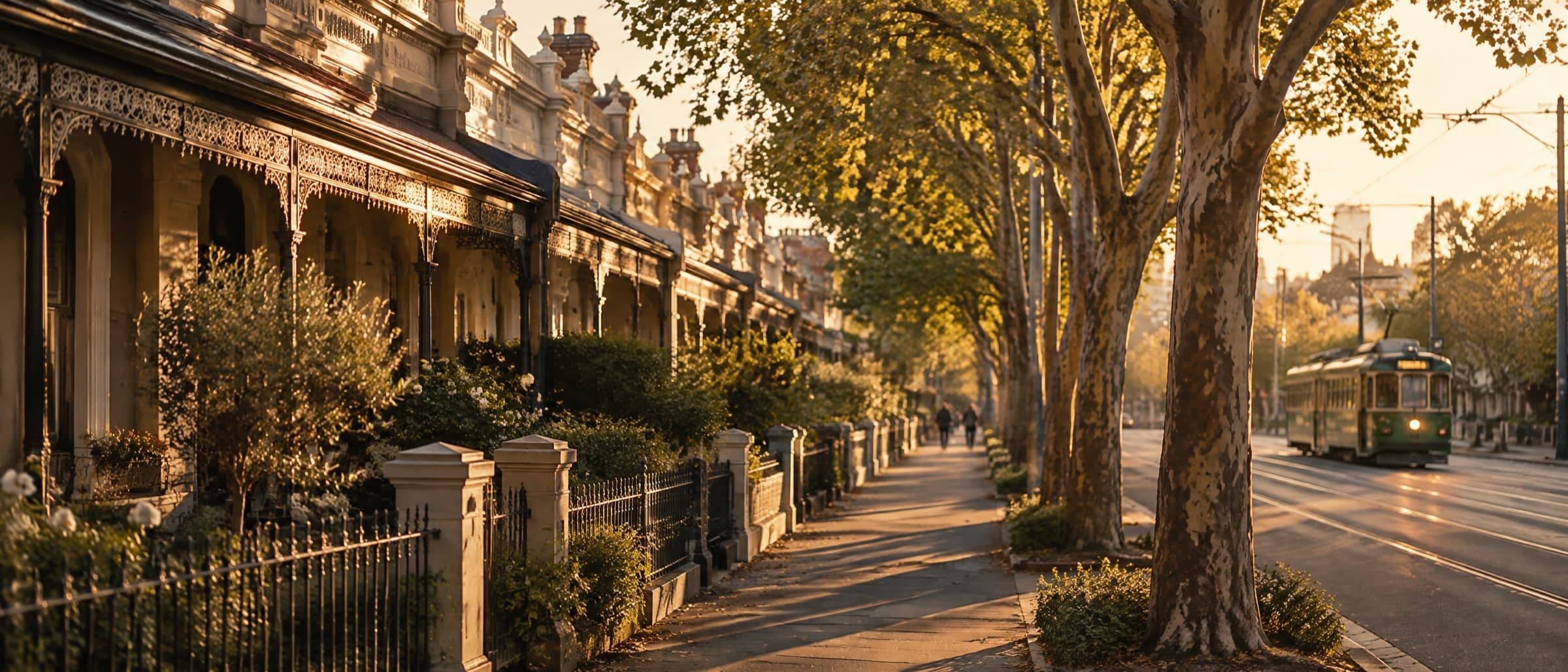 A row of Victorian terraces with iron-lace verandahs under plane trees, a Melbourne tram passing at golden hour