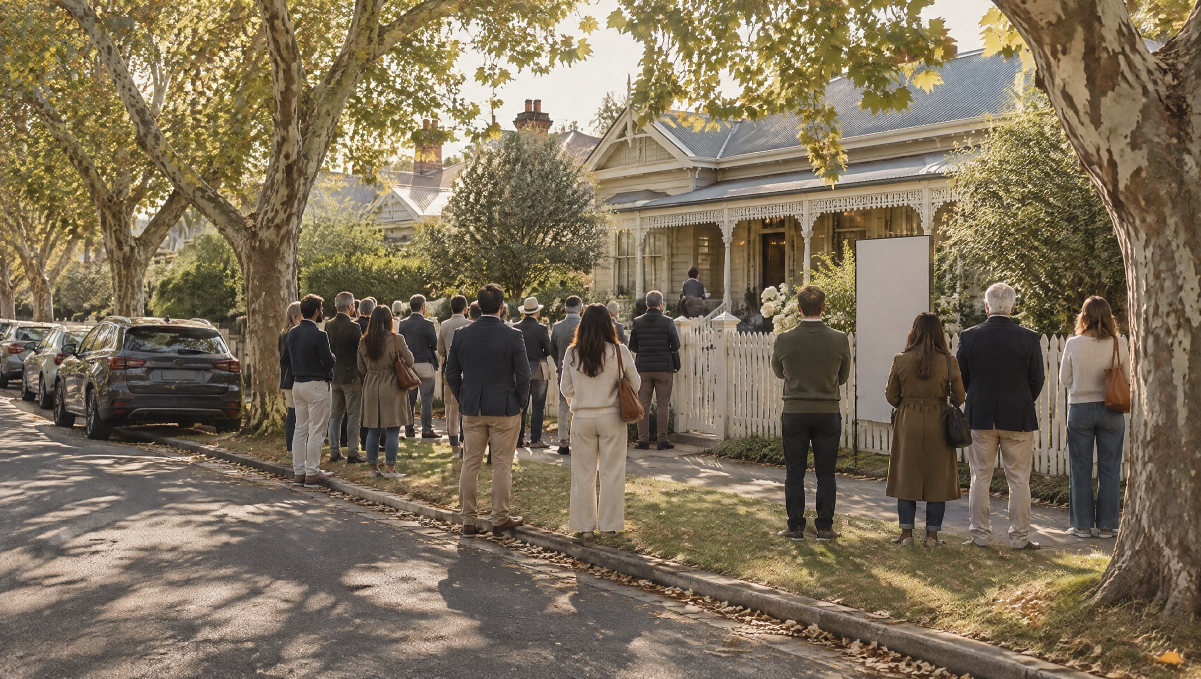 A Saturday auction crowd on the footpath outside a Melbourne weatherboard home, under the plane trees